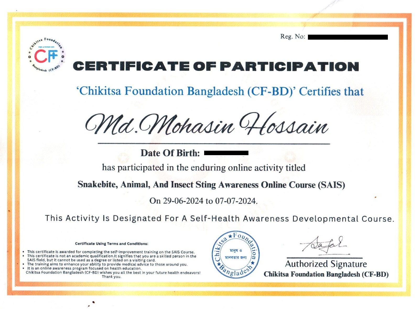 Snakebite Awareness Certificate
